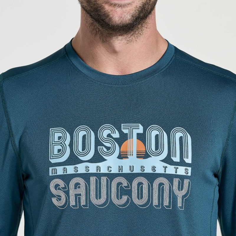 Saucony Stopwatch Graphic Long Sleeve T-Shirt Herren Blau | BERLIN XRHQYA