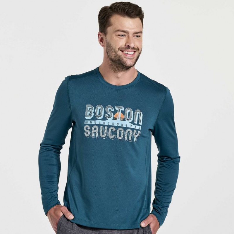 Saucony Stopwatch Graphic Long Sleeve T-Shirt Herren Blau | BERLIN XRHQYA